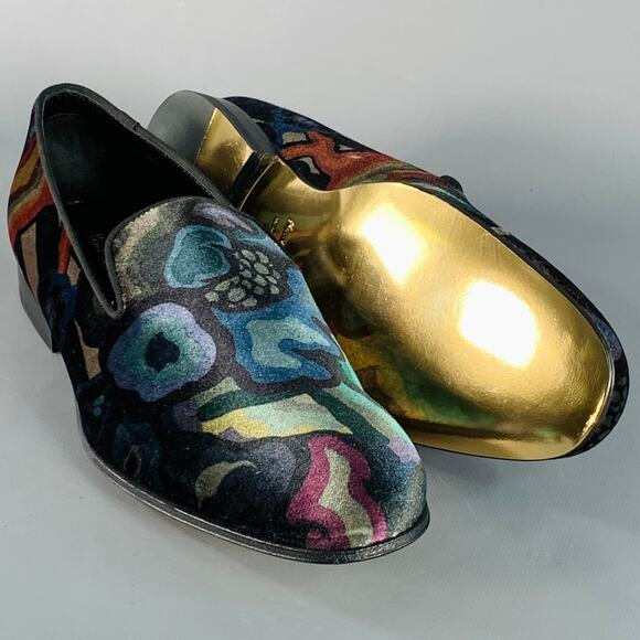 PAUL SMITH Size 8 Black Multi Color Abstract Print Velvet Slip On Loafers main image 5